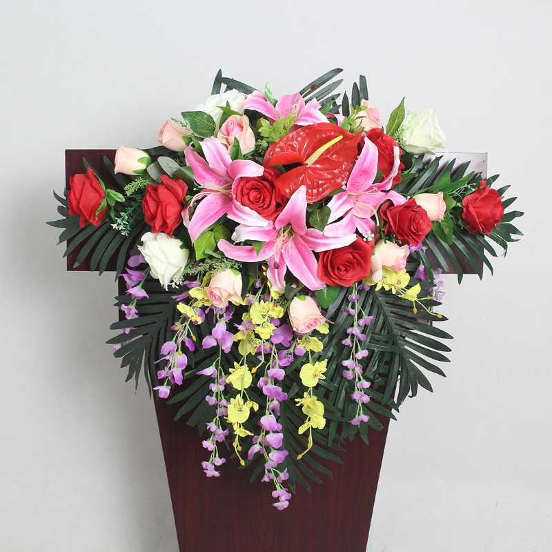 香水百合 红掌,洋兰,绿叶款式包装托盘花泥插花 桌花,讲台花花篮寓意